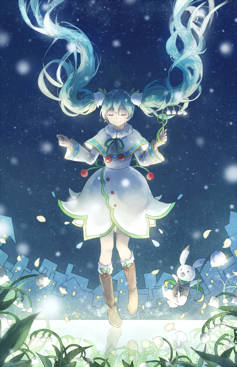 1girl bad_id bad_pixiv_id boots brown_footwear rabbit domik closed_eyes floating_hair flower fur_boots green_hair hatsune_miku highres knee_boots lily_of_the_valley long_hair petals snowdrop_(flower) snowflake_print twintails very_long_hair vocaloid yuki_miku yukine_(vocaloid)