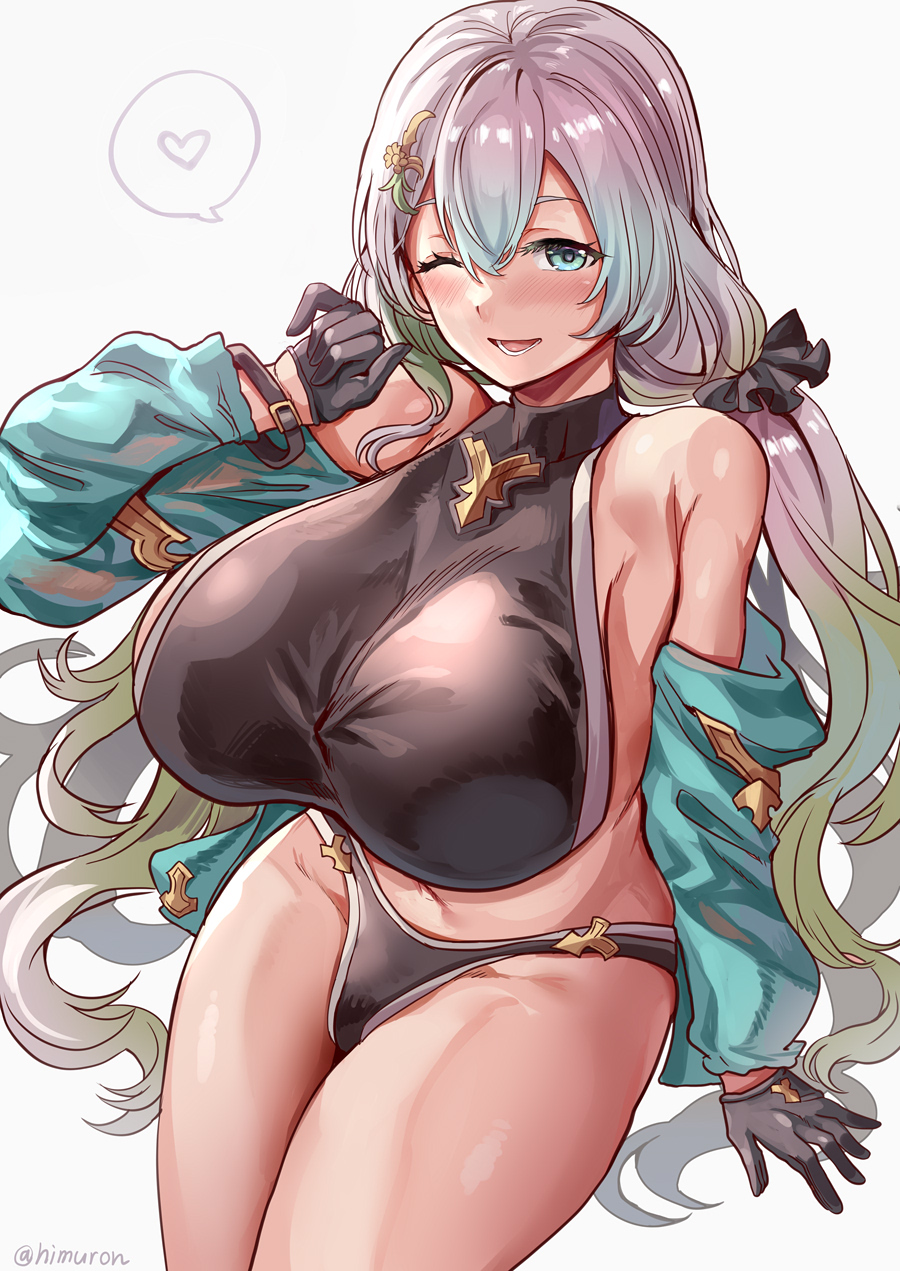 1girl bare_shoulders bikini black_bikini black_gloves blush breasts collarbone cupitan_(granblue_fantasy) cupitan_(summer)_(granblue_fantasy) gloves gradient_hair granblue_fantasy green_eyes green_hair grey_hair highres himuro_shunsuke huge_breasts jacket long_hair long_sleeves looking_at_viewer low_twintails multicolored_hair navel off_shoulder official_alternate_costume open_clothes open_jacket sideboob sitting solo stomach swimsuit thighs twintails very_long_hair