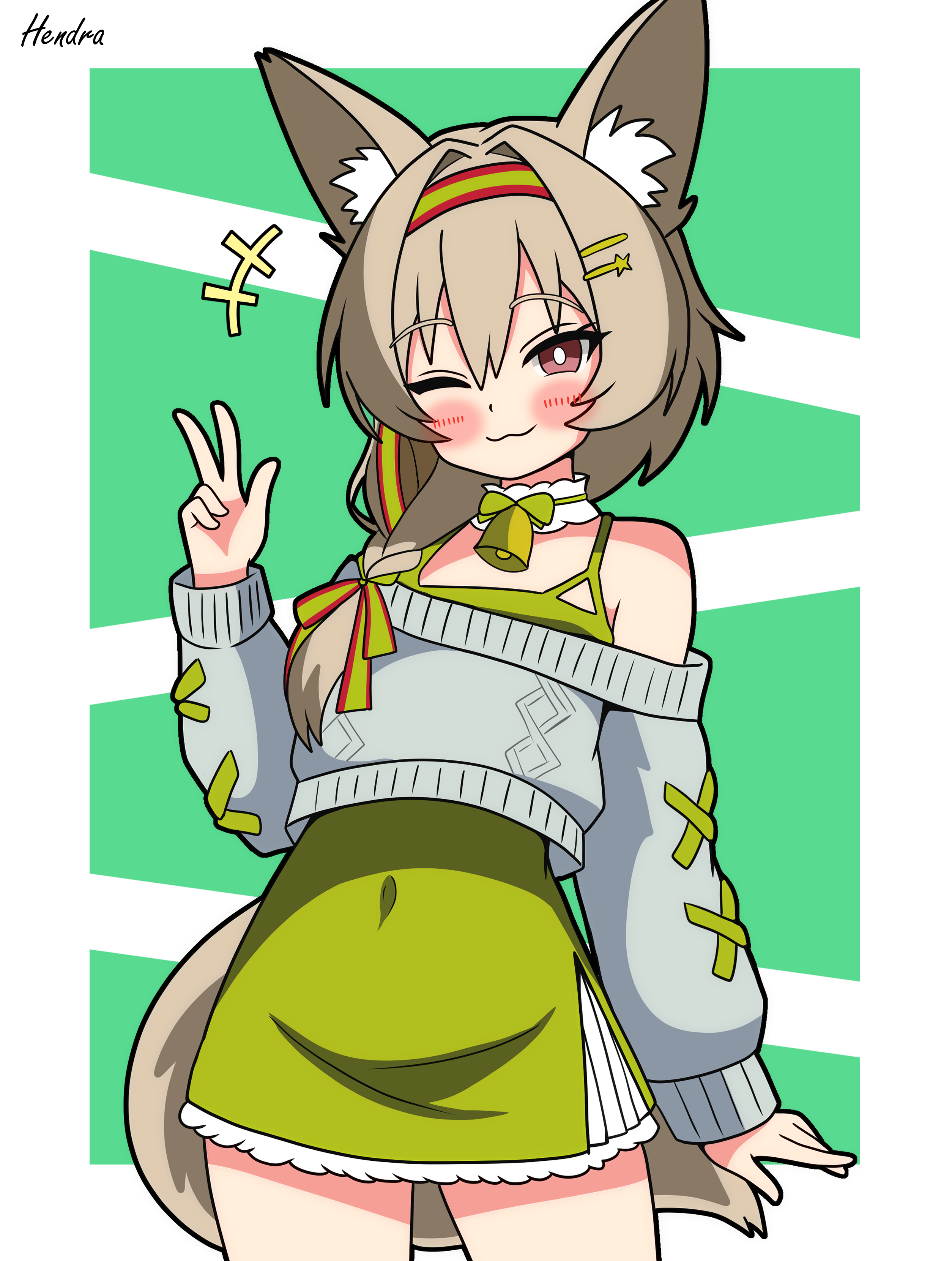 1girl absurdres animal_ear_fluff animal_ears arknights beanstalk_(arknights) beanstalk_(gift_uncompleted)_(arknights) bell braid brown_hair commentary_request dress green_dress hairband hendra highres hyena_ears hyena_girl hyena_tail neck_bell off-shoulder_sweater off_shoulder official_alternate_costume one_eye_closed red_eyes romaji_commentary single_braid solo sweater