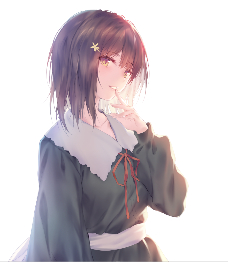 1girl black_dress breasts brown_hair collarbone dress finger_to_mouth flowers_(innocent_grey) hair_between_eyes kousaka_mayuri long_sleeves looking_at_viewer neck_ribbon parted_lips puffy_short_sleeves puffy_sleeves red_ribbon ribbon school_uniform short_hair short_sleeves simple_background small_breasts solo teeth upper_body weisuoxin white_background yellow_eyes