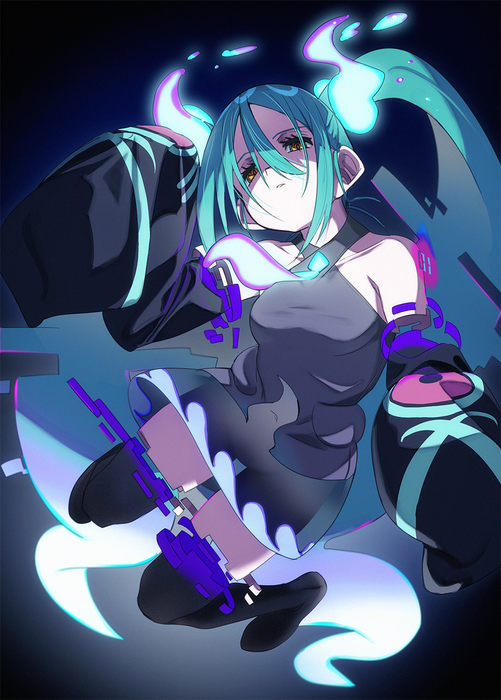 1girl aqua_hair bare_shoulders black_sleeves commentary covered_navel detached_arm detached_legs detached_sleeves fu-ta ghost ghost_miku_(project_voltage) glitch glowing_neckwear grey_shirt hair_between_eyes hatsune_miku highres long_hair looking_at_viewer navel necktie nintendo no_panties pale_skin pokemon print_sleeves project_voltage see-through_clothes see-through_skirt shirt skirt sleeves_past_fingers sleeves_past_wrists solo thighhighs twintails very_long_hair vocaloid white_necktie yellow_eyes