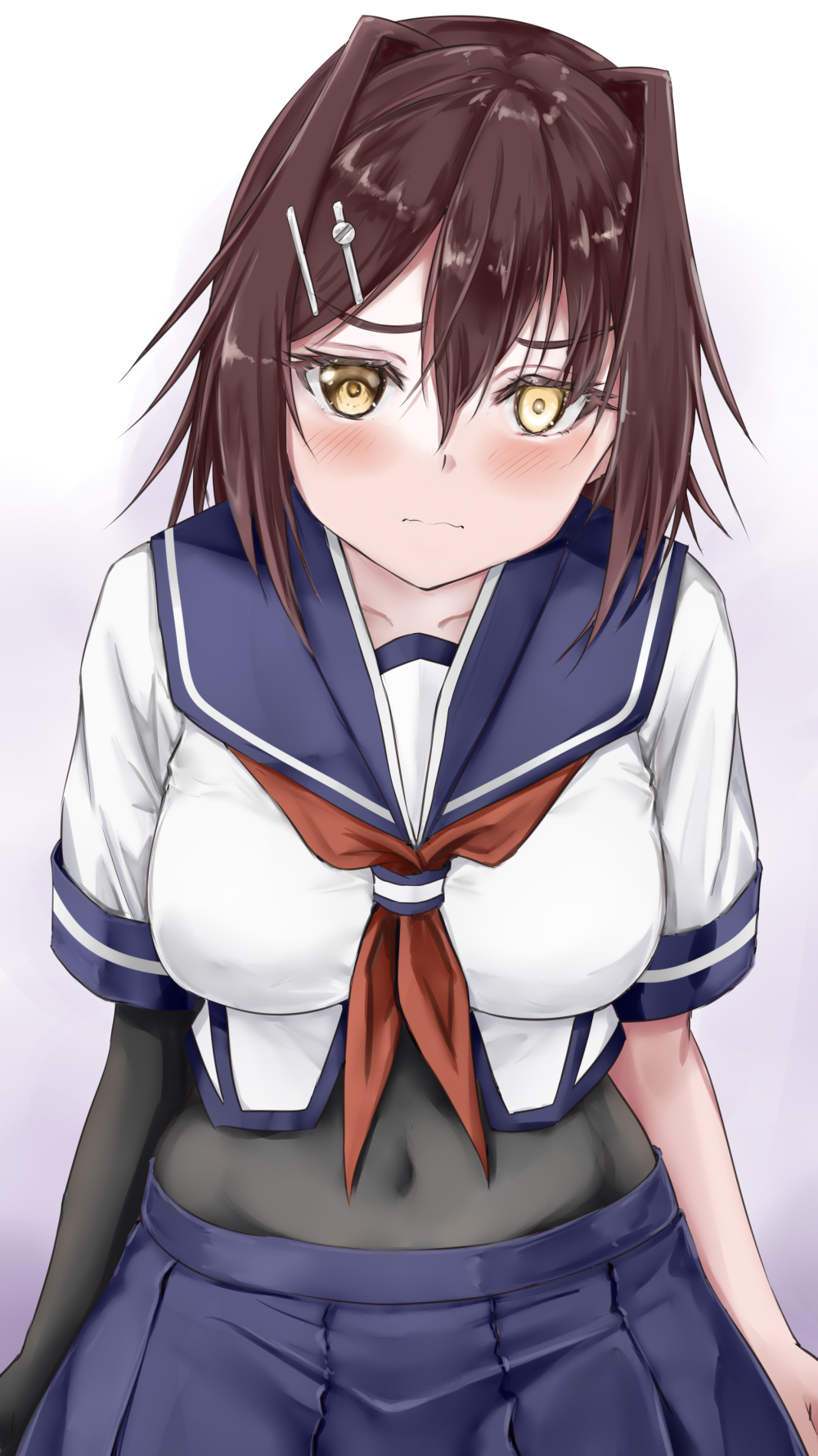 1girl asymmetrical_bodysuit black_bodysuit blue_sailor_collar blue_skirt bodysuit breasts brown_hair covered_navel furutaka_(kancolle) furutaka_kai_ni_(kancolle) glowing glowing_eye gradient_background hair_between_eyes hair_ornament hairclip heterochromia highres kantai_collection koru_pera large_breasts looking_at_viewer neckerchief pleated_skirt red_neckerchief sailor_collar school_uniform serafuku short_hair skirt solo yellow_eyes