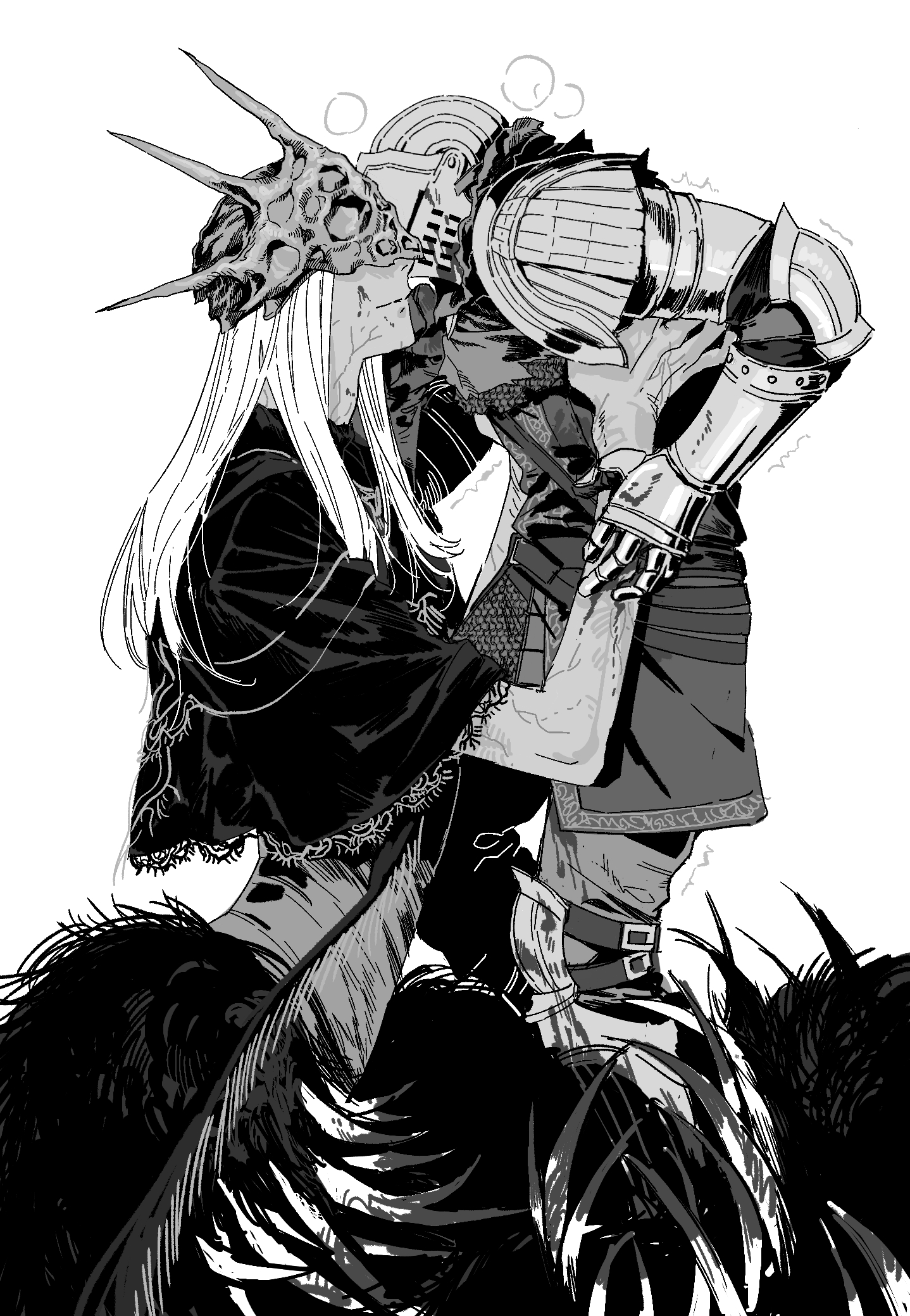 192_saioma 1boy 1other ambiguous_gender armor ashen_one_(dark_souls) capelet chainmail closed_mouth commentary dark_souls_(series) dark_souls_iii dark_sun_gwyndolin full_body fur_capelet gauntlets greyscale helmet highres knight lace-trimmed_capelet lace_trim lifting_person long_hair looking_at_another masked monochrome pauldrons shoulder_armor simple_background smile tunic