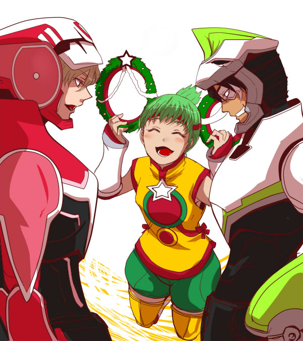 10s 1girl 2boys :3 ^_^ armor bad_id bad_pixiv_id barnaby_brooks_jr. blonde_hair blush brown_hair chinese_clothes christmas closed_eyes detached_sleeves domino_mask dragon_kid facial_hair green_hair huang_baoling kaburagi_t._kotetsu mask multiple_boys ponytail power_armor power_suit rduuroorn short_hair short_ponytail shorts stubble superhero_costume thighhighs tiger_&amp;_bunny wild_tiger wreath