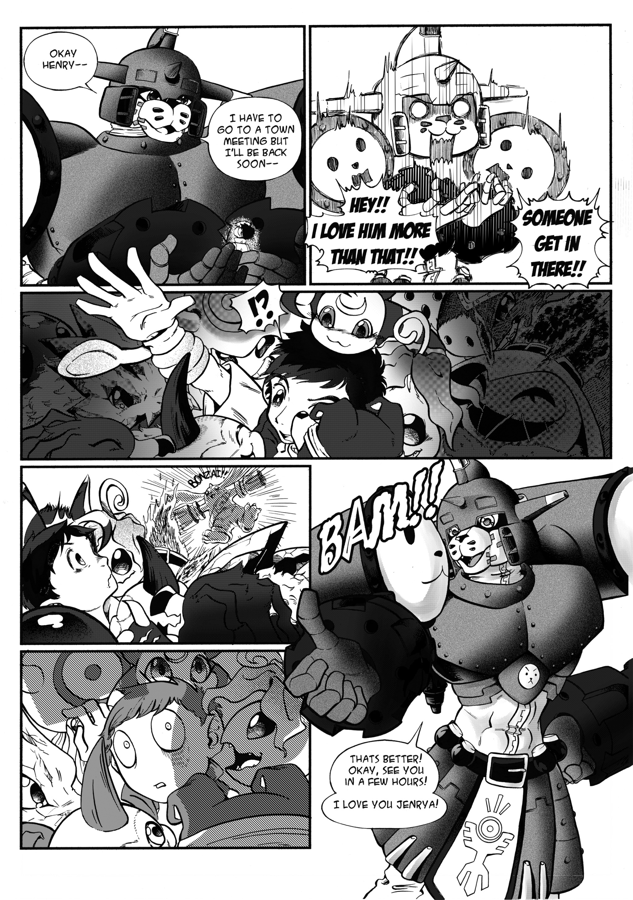 absurdres armor belt digimon digimon_(creature) dorumon elecmon gaomon highres horns jellymon koromon lalamon lee_jianliang looking_at_another lunamon muscular muscular_male palmon saintgalgomon thumbs_up tunomon