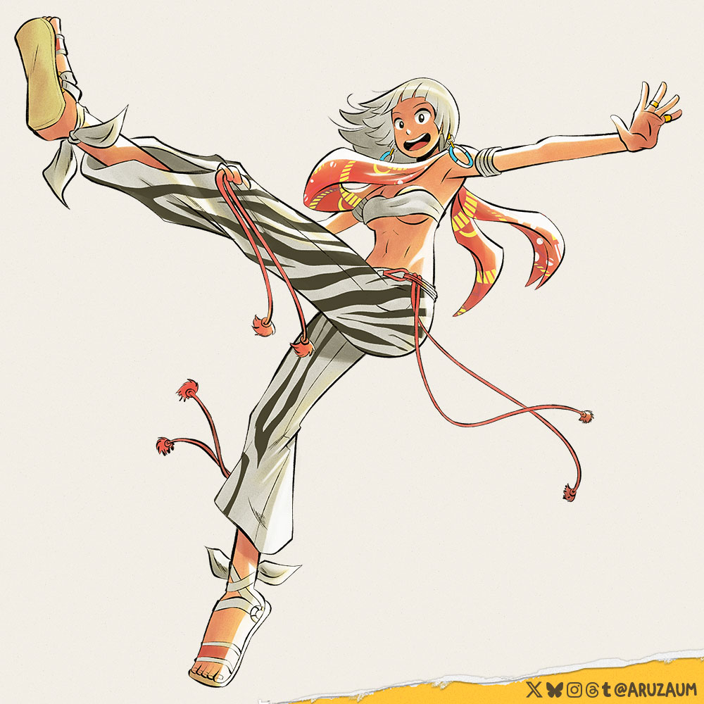 1girl animal_print armlet aruzaum bandeau breasts cleavage dark-skinned_female dark_skin earrings elena_(street_fighter) hoop_earrings jewelry jumping leg_up long_arms long_legs looking_at_viewer multiple_rings open_mouth pants ring sandals scarf smile solo street_fighter street_fighter_6 teeth underboob upper_teeth_only white_bandeau white_pants zebra_print