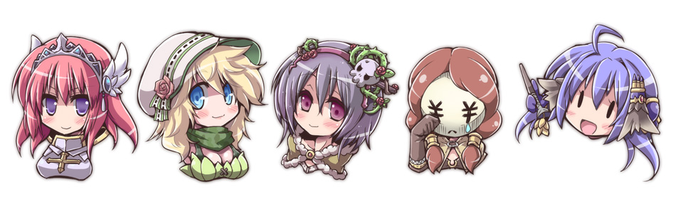 5girls :d ahoge bonnet bra_strap breasts brown_cape brown_capelet brown_hair camouflage_scarf cape capelet circlet cleavage closed_mouth commentary_request cross entweihen_crothen feathered_wings flower green_scarf green_tube_top hair_tubes hairband head_wings high_wizard_(ragnarok_online) long_hair looking_at_viewer lord_knight_(ragnarok_online) mage_(ragnarok_online) mask masked medium_breasts multiple_girls open_mouth pink_flower pink_hair pink_rose purple_eyes purple_hair purple_hairband ragnarok_online rakuma_kanori ranger_(ragnarok_online) rose royal_guard_(ragnarok_online) scarf short_hair sidelocks simple_background smile strapless tube_top white_background white_bonnet white_wings wings yen_sign