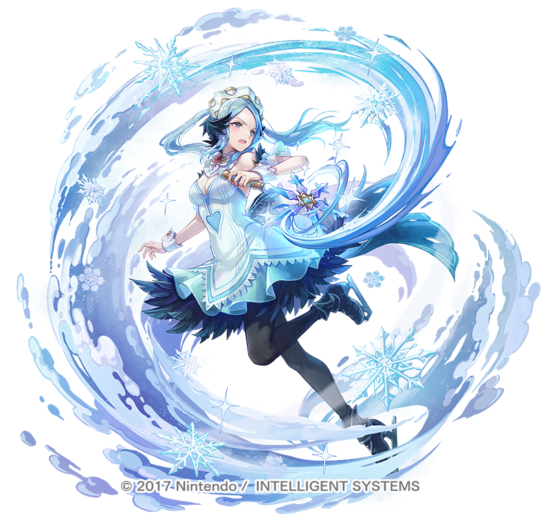 1girl aqua_eyes attack bare_shoulders black_feathers black_pantyhose blue_eyes breasts cleavage dress feather_trim feathers fire_emblem fire_emblem_fates fire_emblem_heroes flora_(fire_emblem) flora_(ice)_(fire_emblem) frost ice ice_skates kyusoukyu medium_breasts nintendo official_alternate_costume official_art pantyhose skates solo twintails v-shaped_eyebrows white_background white_dress