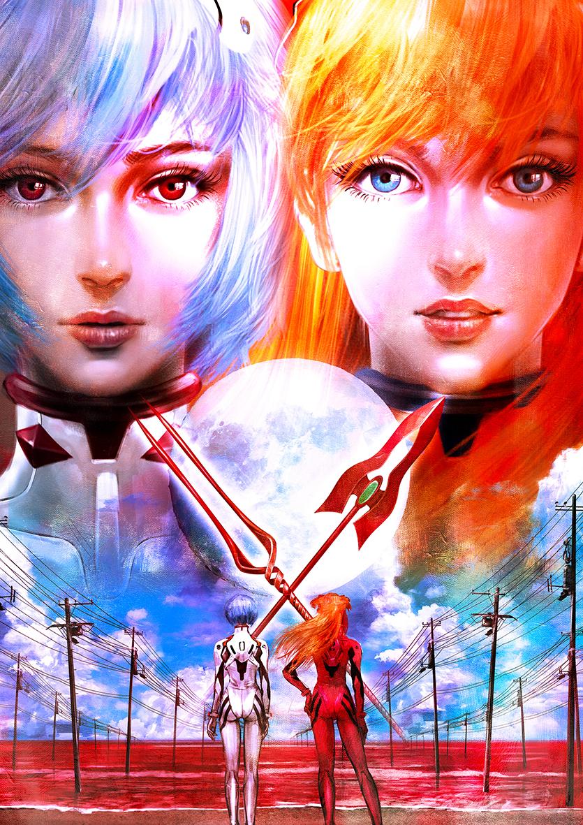 2girls ayanami_rei beach bident blue_eyes blue_hair bodysuit evangelion:_3.0+1.0_thrice_upon_a_time interface_headset_(evangelion) lance_of_longinus_(evangelion) mecha_pilot_suit moon multiple_girls neon_genesis_evangelion orange_hair plugsuit_(evangelion) polearm portrait rebuild_of_evangelion red_bodysuit red_eyes sengoku_gallery souryuu_asuka_langley spear_of_cassius weapon white_bodysuit