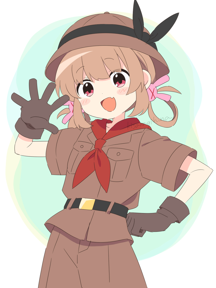 1girl belt black_belt black_bow blush bow brown_eyes brown_gloves brown_hair brown_hat brown_shirt brown_shorts commentary_request fang gloves hair_ornament hat hat_bow highres kisaragi_hina looking_at_viewer natori_sana neckerchief open_mouth rabbit_hair_ornament red_neckerchief sana_channel shirt short_sleeves shorts signature skin_fang solo virtual_youtuber