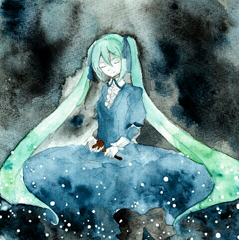 1girl aqua_hair black_bow blue_dress blue_ribbon bow clockworker&#039;s_doll colored_skin dress dress_bow evillious_nendaiki gavel green_hair hair_ribbon hatsune_miku holding holding_mallet houtei_no_nushi lowres mallet master_of_the_court_(vocaloid) mayo_(mayone-u) painting_(medium) pale_skin ribbon solo traditional_media twintails vocaloid watercolor_(medium) white_skin