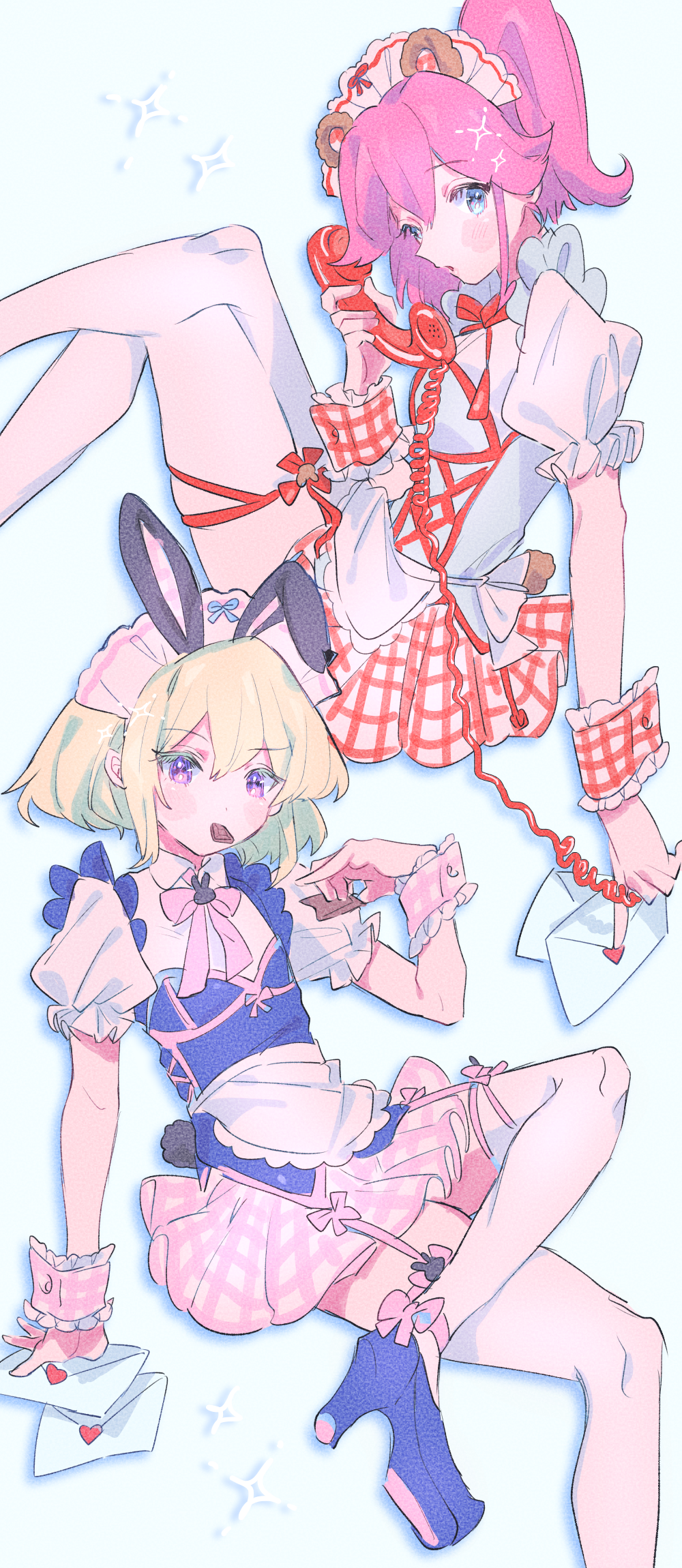 1boy 1girl aina_ardebit alternate_costume animal_ears apron bear_ears bear_tail blue_footwear blush chocolate collared_shirt corded_phone crossdressing crossed_legs envelope fake_animal_ears fake_tail food food_in_mouth frills garter_straps green_hair high_heels highres holding holding_envelope holding_food holding_phone invisible_chair knees_up lio_fotia maid_headdress phone pink_ribbon pink_skirt pink_wrist_cuffs plaid_clothes plaid_skirt promare puffy_short_sleeves puffy_sleeves purple_eyes rabbit_ears rabbit_tail red_ribbon red_skirt red_wrist_cuffs ribbon shirt short_hair short_sleeves side_ponytail sidelocks simple_background sitting skirt sparkle tail thighhighs trap umeshiso waist_apron white_apron white_background white_shirt wrist_cuffs zettai_ryouiki