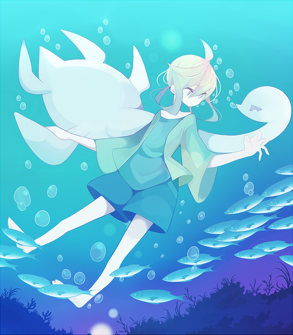 air_bubble androgynous barefoot bubble colored_skin fish full_body gender_request green_eyes green_hair kashiri_kurosuke matching_hair/eyes monster original seaweed shorts solo underwater white_skin wide_sleeves