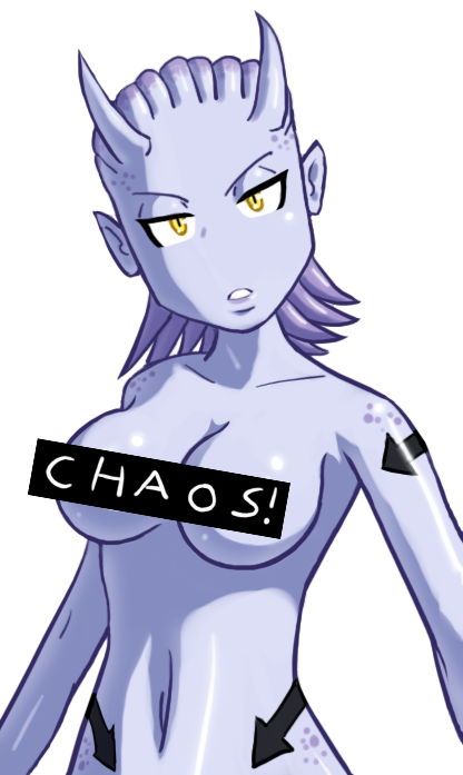 1girl bar_censor breasts censored censored_nipples cleavage colored_skin completely_nude daemonette female_focus head_tilt horns looking_at_viewer medium_breasts medium_hair navel nude purple_hair purple_skin simple_background slaanesh solo tagme tattoo upper_body warhammer_40k white_background yellow_eyes