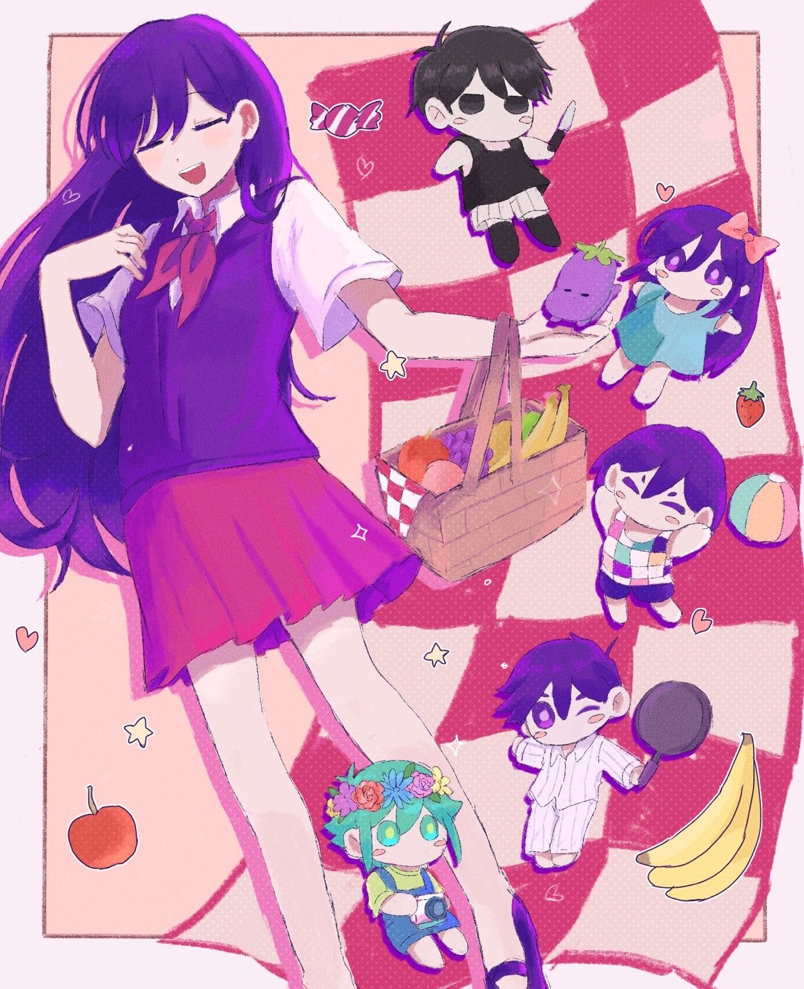 1girl apple aubrey_(headspace)_(omori) aubrey_(omori) banana basil_(headspace)_(omori) basil_(omori) black_footwear character_doll closed_eyes collared_shirt dy4746505 food fruit hero_(headspace)_(omori) hero_(omori) highres holding_picnic_basket kel_(headspace)_(omori) kel_(omori) long_hair mari_(headspace)_(omori) mari_(omori) mr._plantegg_(omori) neckerchief omori omori_(omori) open_mouth picnic_basket picnic_blanket purple_hair purple_sweater_vest red_neckerchief red_skirt shirt short_sleeves skirt smile solo sweater_vest teeth upper_teeth_only white_shirt