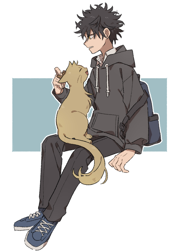 1boy ^_^ animal animalization arm_at_side backpack bag black_cat black_hair black_hoodie black_pants blue_footwear casual cat closed_eyes collared_shirt commentary drawstring full_body hand_on_another&#039;s_ear hand_up hood hoodie inukai_sumiharu invisible_chair kageura_masato long_sleeves looking_away male_focus nana_0253 open_mouth outline pants parted_lips petting profile sharp_teeth shirt shoes short_hair sitting sneakers spiked_hair strap_slip teeth white_background white_outline white_shirt world_trigger