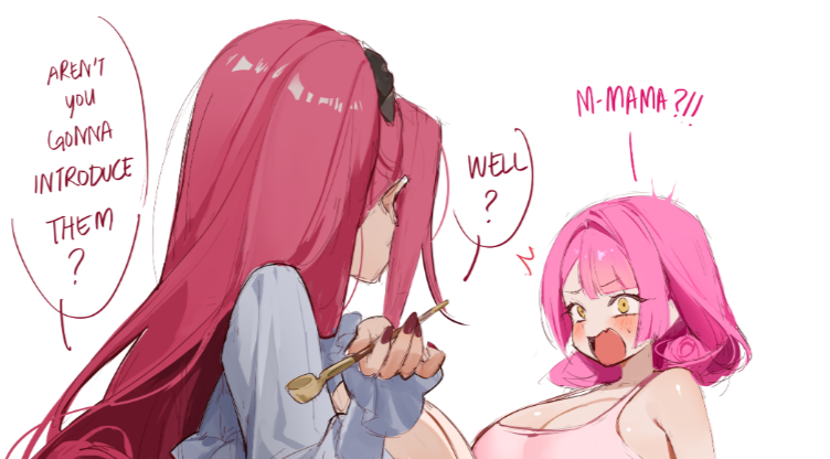 2girls bare_shoulders blue_shrug blush breasts commentary eden_(shiroki_yuutsu) english_commentary english_text fingernails flower-shaped_hair holding holding_smoking_pipe huge_breasts long_hair looking_at_another medium_hair multiple_girls nail_polish open_mouth original pink_hair pink_tank_top red_nails simple_background smoking_pipe speech_bubble tank_top vanilla_(eden_(shiroki_yuutsu)) white_background yellow_eyes
