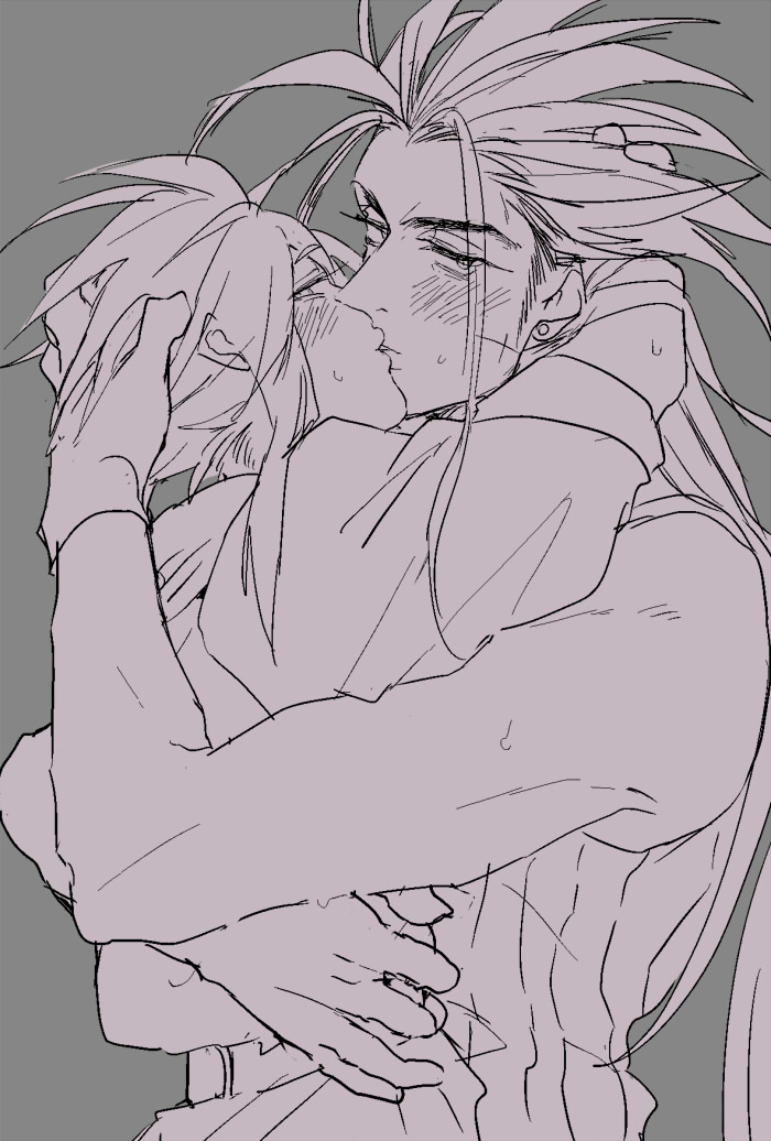 2boys arm_around_shoulder arm_around_waist blush cloud_strife couple earrings final_fantasy final_fantasy_vii gloves hand_in_another&#039;s_hair holding hug jewelry kiss long_hair looking_at_viewer looking_back male_focus monochrome multiple_boys scar scar_on_face shirt short_hair single_earring sleeveless sleeveless_turtleneck spiked_hair sweat turtleneck yaoi zack_fair zc_furuya