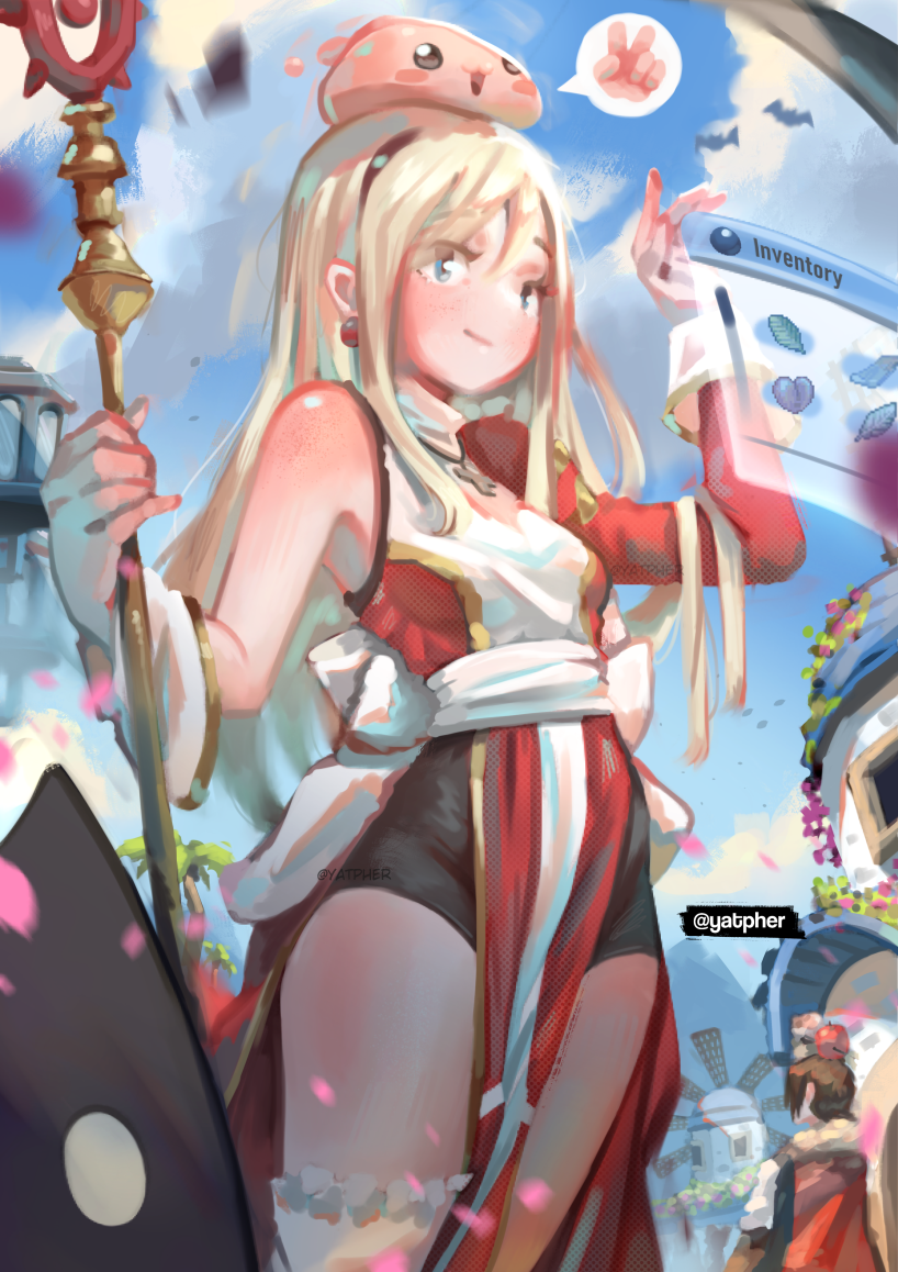 1boy 1girl :3 apple_on_head back_bow black_shorts blonde_hair blue_eyes blue_sky blush bow breasts brown_hair cape closed_mouth cloud color_study commentary cowboy_shot day deviruchi dress english_commentary falling_petals gameplay_mechanics high_priest_(ragnarok_online) holding holding_staff juliet_sleeves long_hair long_sleeves lord_knight_(ragnarok_online) medium_breasts outdoors petals poring puffy_sleeves ragnarok_online red_cape red_dress sash short_hair shorts shorts_under_dress sky slime_(creature) small_breasts smile solo_focus staff two-tone_dress v white_bow white_dress white_sash windmill window_(computing) yatpher