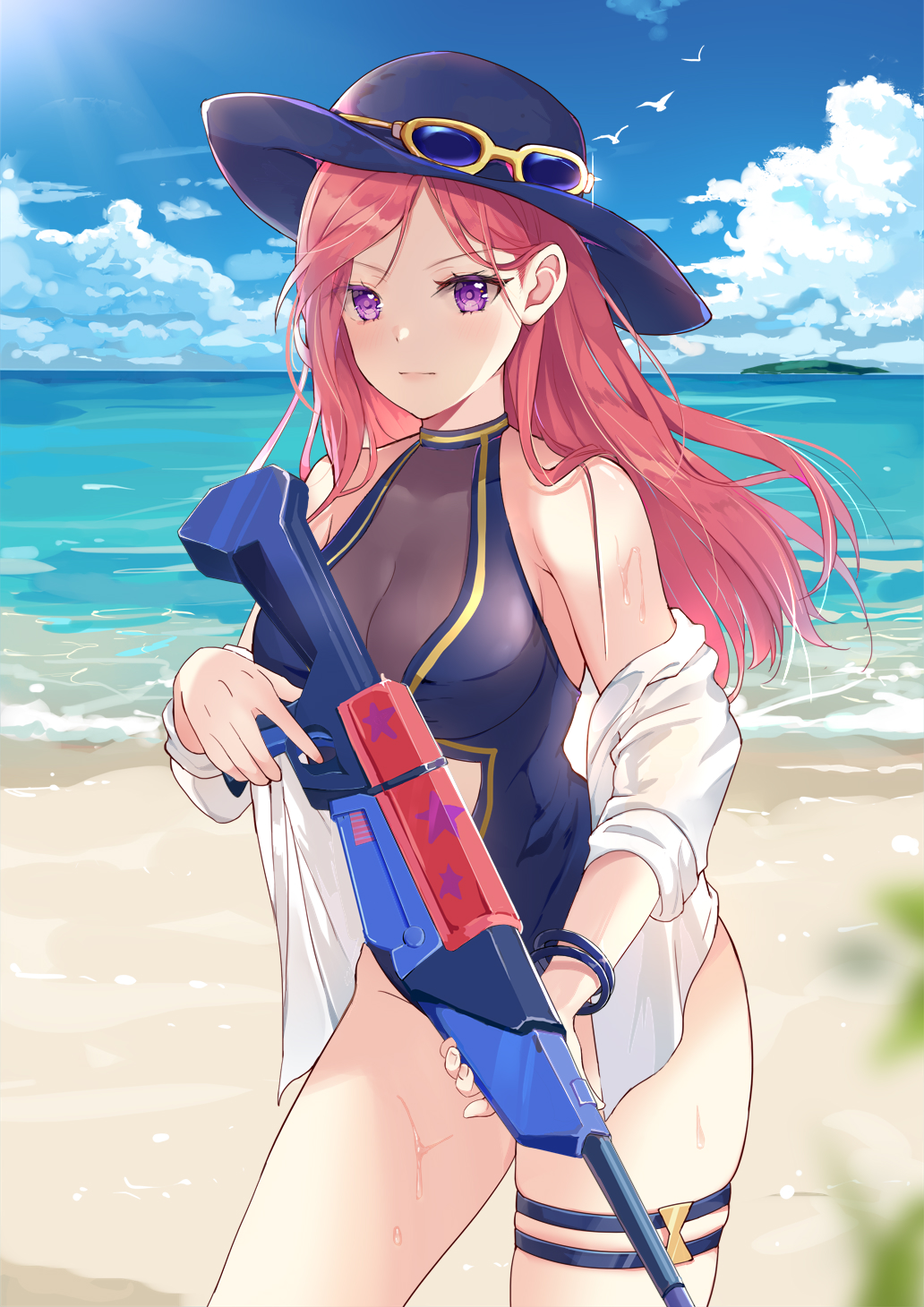 1girl bangle bare_shoulders beach black_hat blouse blue_one-piece_swimsuit blue_sky bracelet breasts caitlyn_(league_of_legends) center_opening cleavage closed_mouth cloud cowboy_shot day eyewear_on_headwear female_focus halterneck hat highres holding horizon hum_(ten_ten) jewelry large_breasts league_of_legends long_hair looking_at_viewer ocean off_shoulder one-piece_swimsuit open_clothes open_shirt outdoors pink_hair pool_party_caitlyn purple_eyes shirt skindentation sky solo standing sun_hat sunglasses sunlight swimsuit thigh_strap thighs v-shaped_eyebrows water water_gun wet white_shirt
