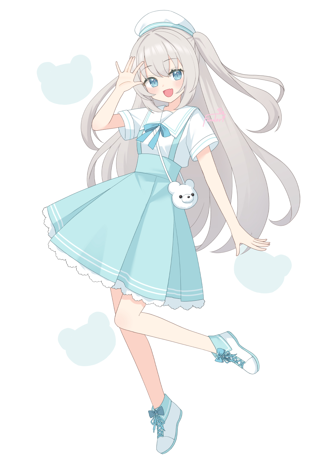 1girl animal_print aqua_skirt arm_up artist_name bag bear_print beret blue_bow blue_bowtie blue_eyes blush bow bowtie fang frilled_skirt frills full_body furutori grey_hair hat high-waist_skirt highres leg_up long_hair looking_at_viewer open_mouth original sailor_collar shirt shoes short_sleeves shoulder_bag sidelocks signature simple_background skin_fang skirt smile sneakers solo standing standing_on_one_leg suspender_skirt suspenders very_long_hair waving white_background white_bag white_hat white_sailor_collar white_shirt white_shoes