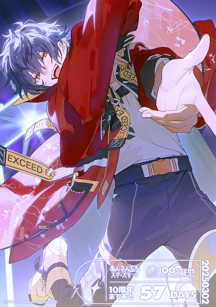1girl arm_up belt black_belt black_hair black_pants boots buckle copyright_name copyright_notice countdown dated dutch_angle ensemble_stars! fingernails floating_clothes floral_print foreshortening from_below hair_between_eyes hand_on_own_chest head_tilt jacket jumping long_sleeves looking_at_viewer looking_down male_focus official_alternate_costume official_art open_clothes open_jacket open_mouth orange_boots outstretched_arm pants pointing pointing_at_viewer print_jacket red_jacket sazanami_jun shirt shirt_tucked_in shuukenyuu snap-fit_buckle solo song_name strap teeth thigh_belt thigh_strap turning_head upper_teeth_only white_shirt yellow_eyes