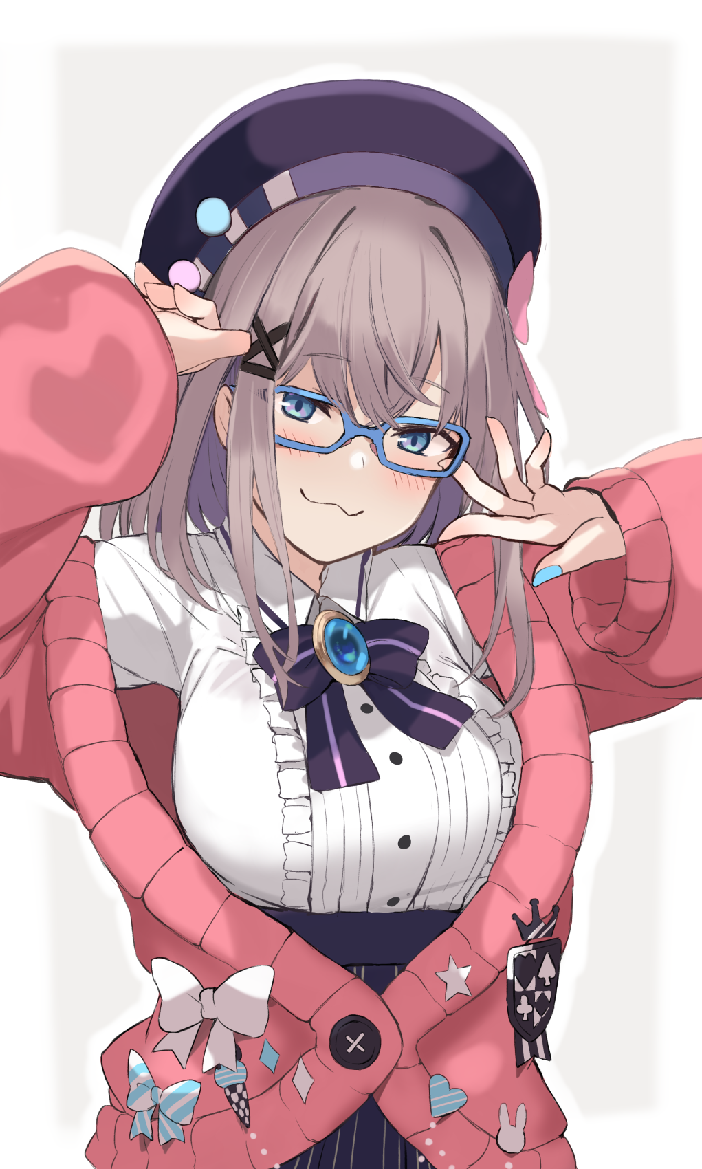 1girl :3 bespectacled black_skirt blue-framed_eyewear blue_eyes blue_nails blush bow breasts brooch brown_hair cardigan closed_mouth ganesagi glasses hair_ornament hat hat_bow highres jacket jewelry large_breasts long_sleeves looking_at_viewer medium_hair nail_polish nijisanji open_clothes open_jacket pink_cardigan shirt simple_background skirt solo striped_clothes striped_skirt suzuhara_lulu suzuhara_lulu_(1st_costume) upper_body vertical-striped_clothes vertical-striped_skirt virtual_youtuber white_background white_shirt
