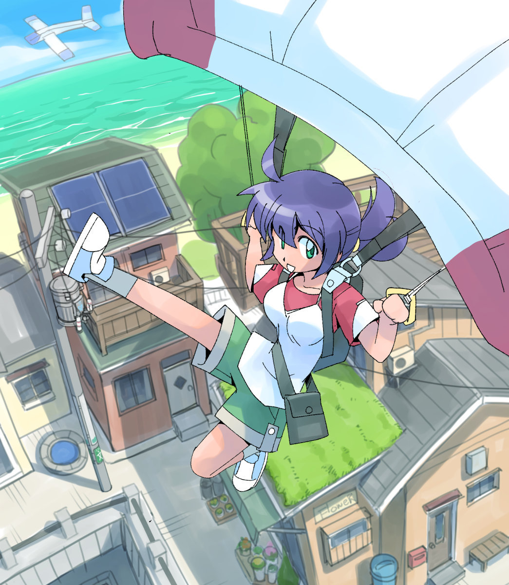 1girl :d ahoge aircraft airplane awning bag building day flower_shop green_eyes green_shorts highres horizon masuki ocean open_mouth original outdoors parachute power_lines purple_hair rooftop shirt shoes shop short_sleeves shorts smile socks sod_roof solar_panel solo town transformer twintails utility_pole well