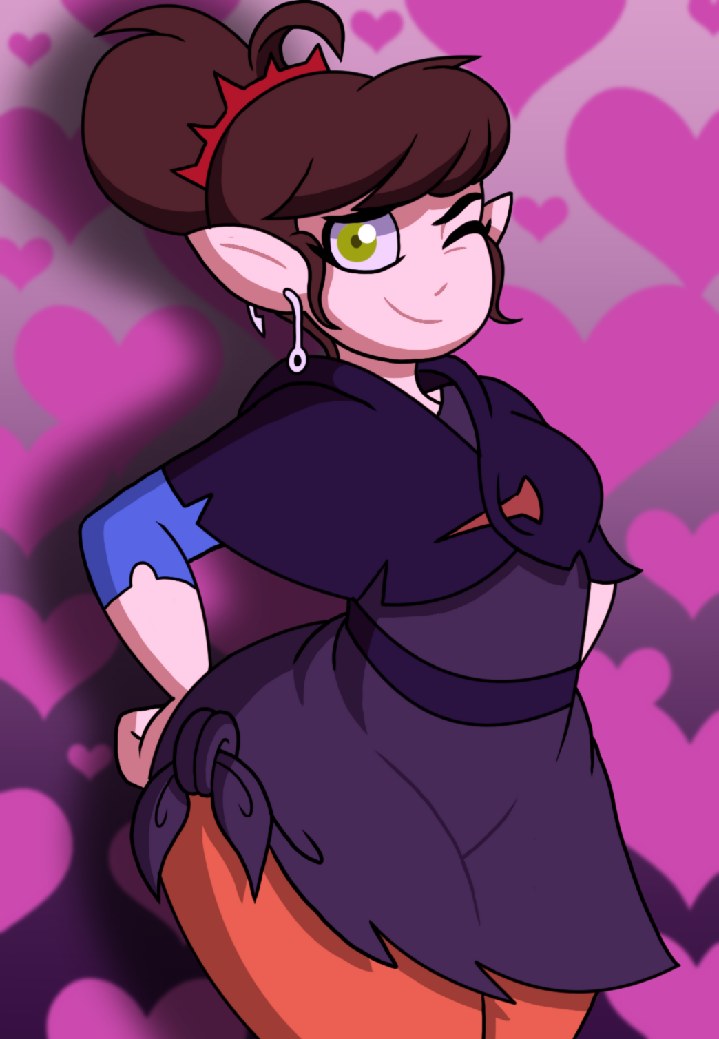 brown_hair ear_piercing eyelashes green_eyes hair_bun highres legs looking_at_viewer one_eye_closed piercing pointy_ears school_uniform single_hair_bun smile the_owl_house thick_eyelashes thick_thighs thighs tonyneely viney_(the_owl_house)