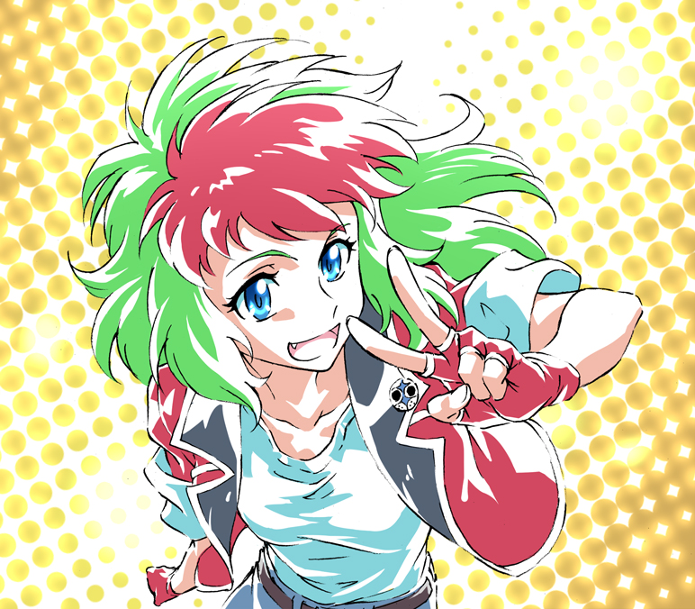 1girl :d badge belt blue_eyes breasts button_badge coat collarbone denim denim_shorts fang female_focus foreshortening gloves gradient_background green_hair gundam halftone halftone_background happy jacket leaning_forward long_hair looking_at_viewer mayata multicolored_hair open_clothes open_jacket open_mouth red_gloves red_hair sd_command_chronicles sd_gundam shirt short_sleeves shorts sleeveless sleeveless_coat sleeves_rolled_up small_breasts smile solo tank_top taut_clothes taut_shirt tron_(sd_gundam) two-tone_hair upper_body v wavy_hair yellow_background