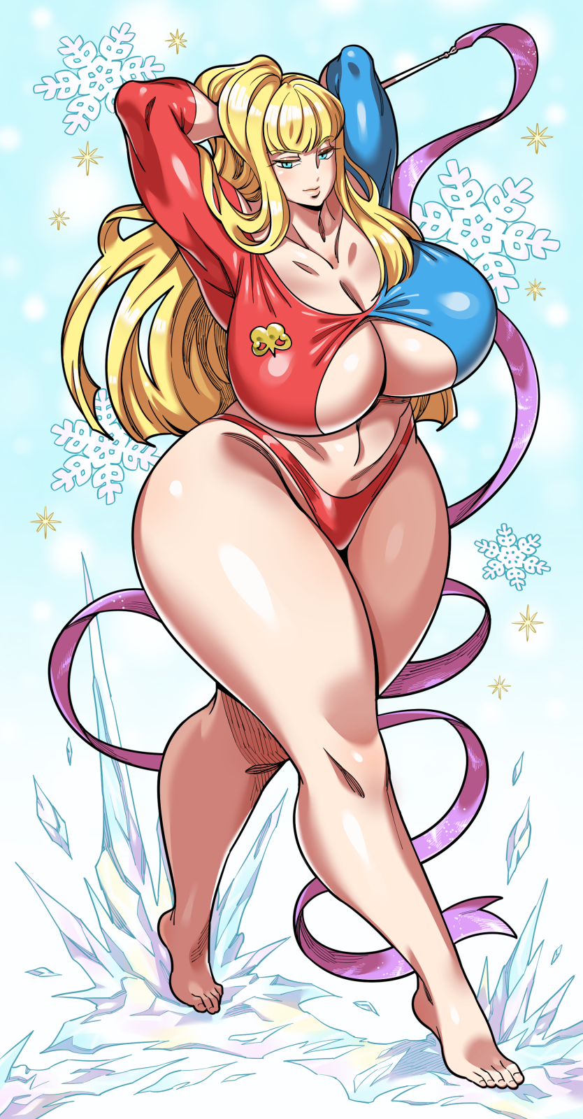 1girl armpits barefoot blonde_hair blue_eyes breasts cleavage cleavage_cutout clothing_cutout collarbone curvy doboshiru feet gymnast gymnastics gymnastics_ribbon half-closed_eyes hands_on_own_head highres huge_breasts ice knees kolin lips long_hair navel no_bra panties red_panties rhythmic_gymnastics ribbon side_ponytail snowflakes solo standing street_fighter street_fighter_v thick_thighs thighs toes underboob underboob_cutout underwear wide_hips