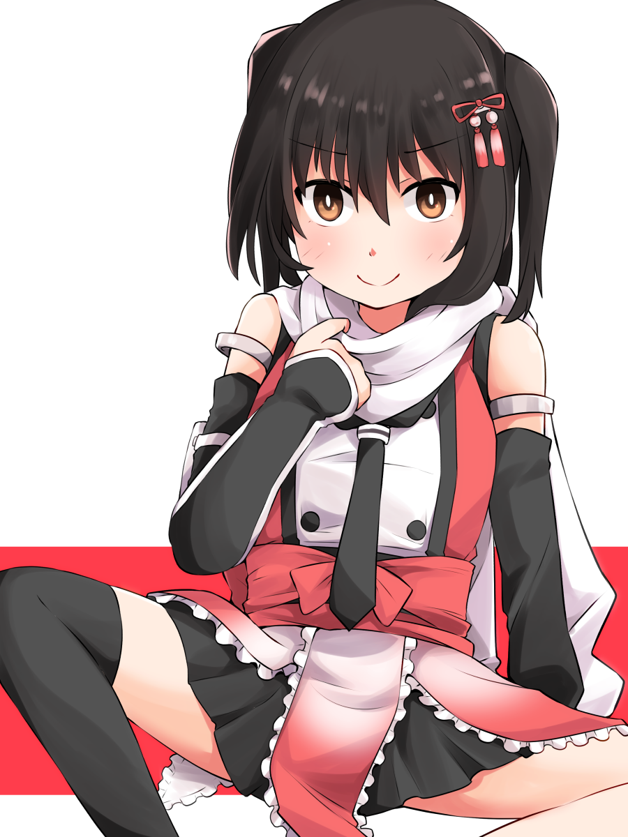 1girl asymmetrical_legwear black_thighhighs brown_hair gloves hair_ornament highres kantai_collection okitarou_(okiyo) pleated_skirt scarf sendai_(kancolle) skirt thighhighs twintails uneven_legwear white_scarf yellow_eyes