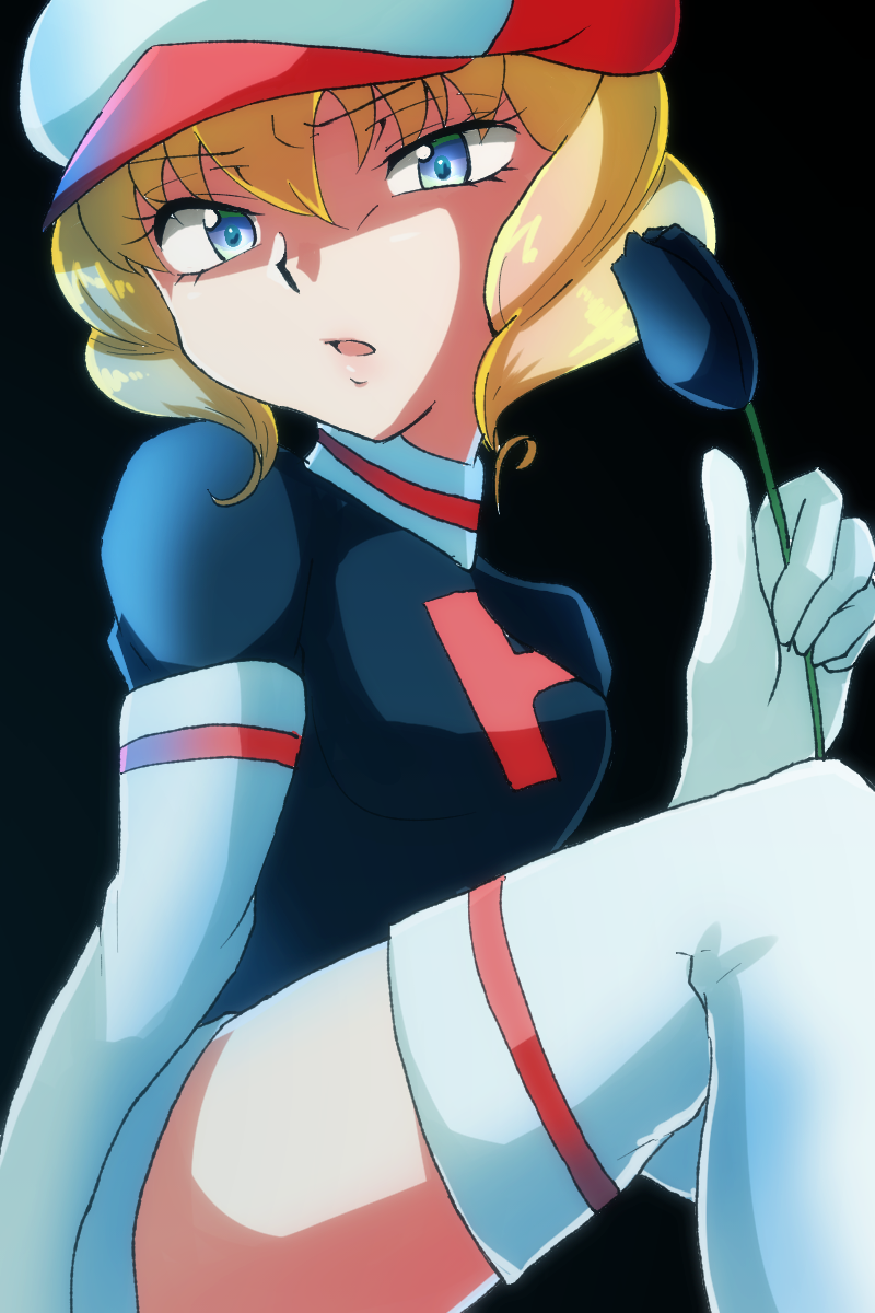 1girl beret black_background blonde_hair blue_eyes domino_(pokemon) drill_hair elbow_gloves flower gloves hair_between_eyes hat highres holding holding_flower kousuke_(ko_suke) looking_at_viewer nintendo open_mouth pokemon pokemon_(anime) pokemon_(classic_anime) short_sleeves sitting thighhighs thighs tulip twintails white_gloves white_thighhighs