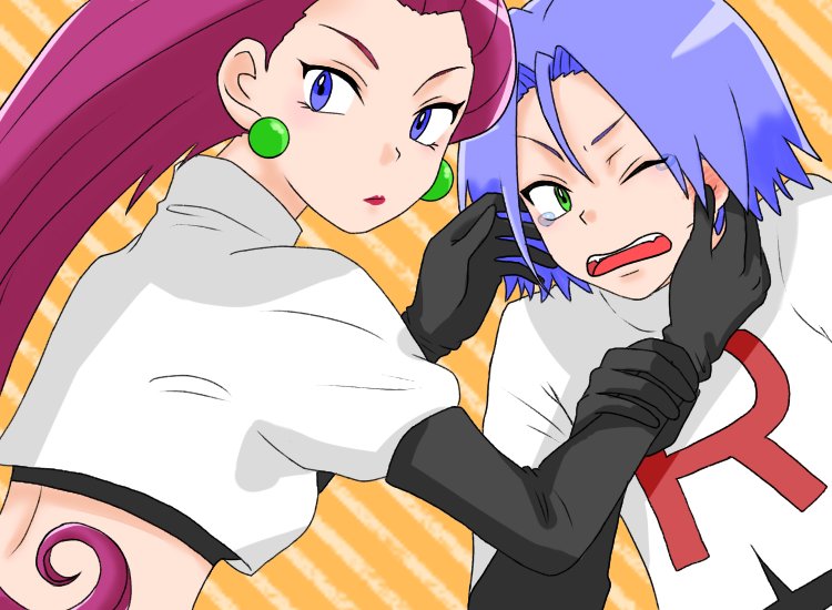 1boy 1girl black_gloves blue_hair cheek_pinching cosplay crying gloves green_eyes hnseeeee james_(pokemon) jessie_(pokemon) jessie_(pokemon)_(cosplay) looking_at_viewer nintendo open_mouth pinching pink_hair pokemon pokemon_(anime) team_rocket team_rocket_uniform tears yellow_background