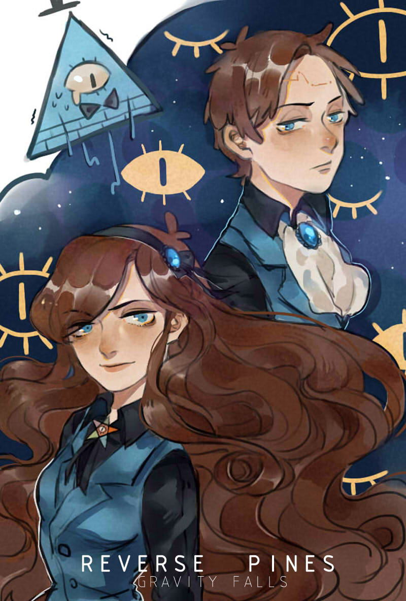1boy 1girl alternate_universe aqua_eyes aqua_vest ascot bill_cipher brooch brother_and_sister brown_hair collared_shirt crying dark_persona dipper_gleeful dipper_pines facial_mark forehead_mark formal_clothes gem glowing_jewelry gravity_falls hair_ornament hairband jewelry long_hair mabel_gleeful mabel_pines pentagram reverse_falls_(gravity_falls) shirt short_hair siblings swept_bangs twins vest will_cipher