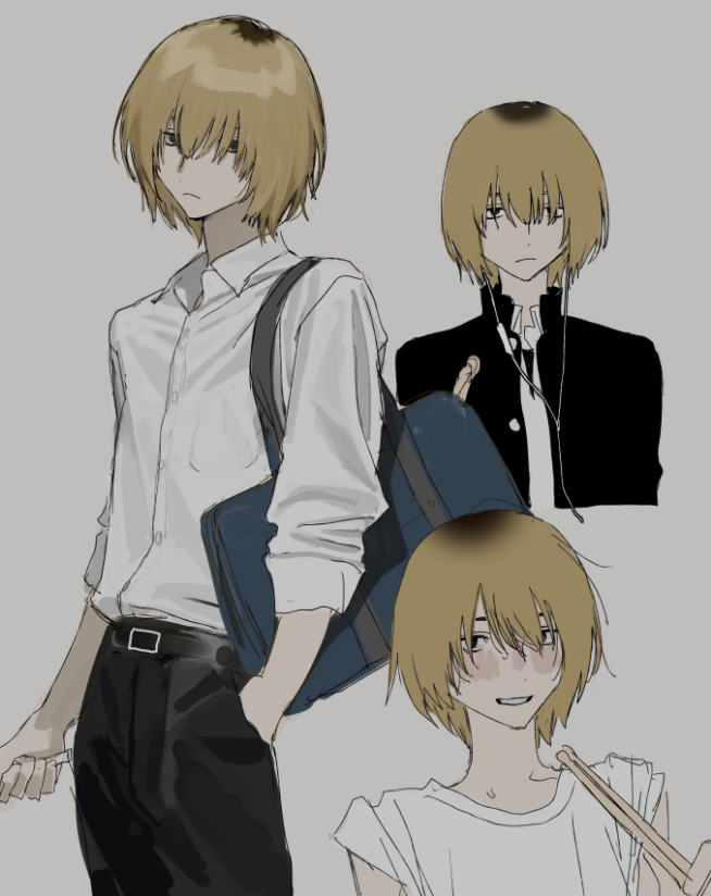 1boy bag black_pants blonde_hair blue_bag brown_eyes closed_mouth collared_shirt drumsticks earphones gakuran grey_background hand_in_pocket hirota_tsuu long_bangs looking_at_viewer male_focus medium_hair multiple_views original pants school_bag school_uniform shirt shirt_tucked_in simple_background sweater upper_body white_shirt