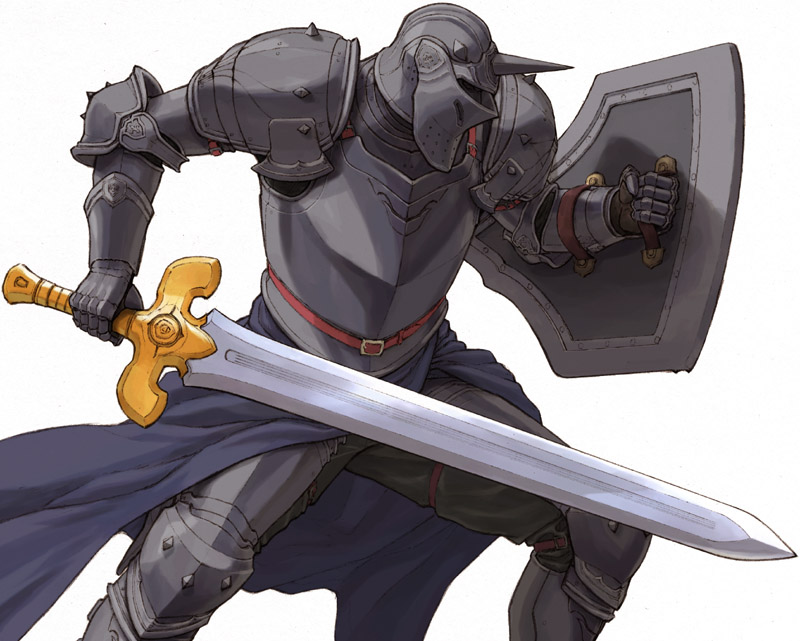 1boy armor fighting_stance fuji_(d38635s10) gauntlets helmet holding_sword horns male_focus shield single_horn solo spikes sword tactics_ogre terror_knight_(tactics_ogre) weapon white_background