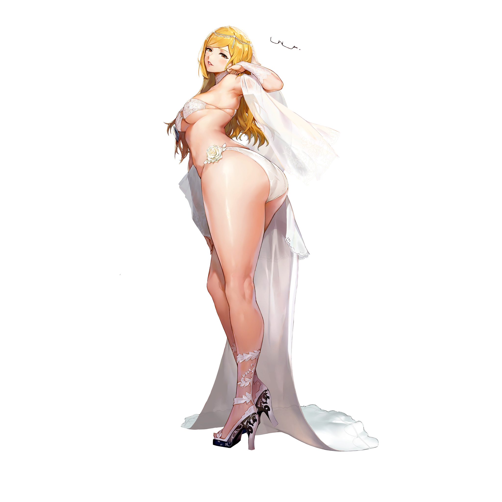 1girl alexandra_of_resonance ankle_strap armpits ass bikini blonde_hair breasts bridal_gauntlets bridal_veil circlet collar detached_collar dress eyepatch_bikini unworn_eyewear flower from_behind full_body game_cg gloves hair_down high_heels highres jam_(nandade) lace lace_bikini lace_collar lace_gloves last_origin long_hair looking_at_viewer looking_back medium_breasts name_tag o-ring o-ring_top official_alternate_costume official_art red_eyes see-through_clothes simple_background skindentation solo string_bikini swimsuit tachi-e thick_thighs thighs transparent_background underboob veil wedding_dress white_bikini white_collar white_flower white_footwear
