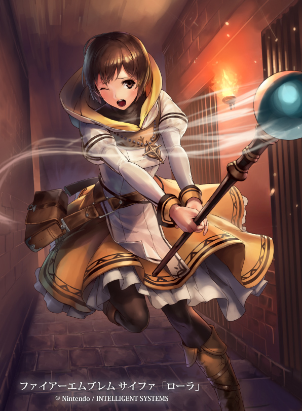 1girl bag black_eyes black_hair black_pantyhose boots brown_boots brown_hair copyright_name cuboon door dress female_focus fire_emblem fire_emblem:_radiant_dawn fire_emblem_cipher hallway handbag holding holding_staff hood hood_down indoors laura_(fire_emblem) nintendo official_art one_eye_closed open_mouth pantyhose running short_hair skirt solo staff teeth thighhighs torch yellow_skirt