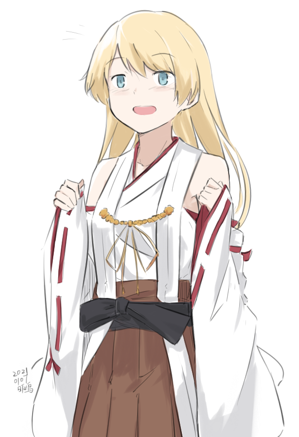 1girl blonde_hair blue_eyes brown_skirt cosplay detached_sleeves hikashima_(shiofune) japanese_clothes jervis_(kancolle) kantai_collection kongou_(kancolle) kongou_(kancolle)_(cosplay) long_hair pleated_skirt ribbon-trimmed_sleeves ribbon_trim simple_background skirt solo touyama_nao voice_actor_connection white_background