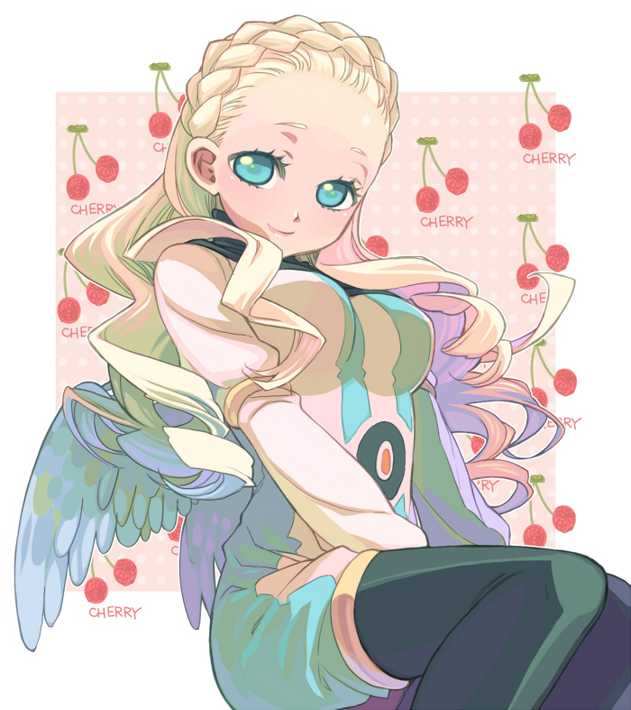 1girl angel blonde_hair blue_eyes blush breasts cherry english_text food fruit guel inazuma_eleven inazuma_eleven_(series) lizzydom long_hair medium_breasts pantyhose smile wings