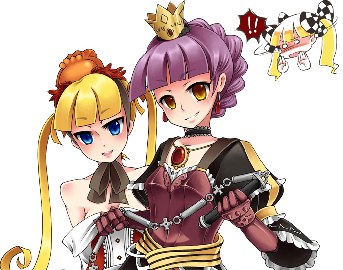 ! 2girls 7th_dragon 7th_dragon_(series) alusha_(7th_dragon) berich_(7th_dragon) blonde_hair blue_eyes breasts cleavage crown der_junge dress jewelry knight_(7th_dragon) multiple_girls orange_eyes pendant princess_(7th_dragon) purple_hair small_breasts sora_(7th_dragon) twintails whip