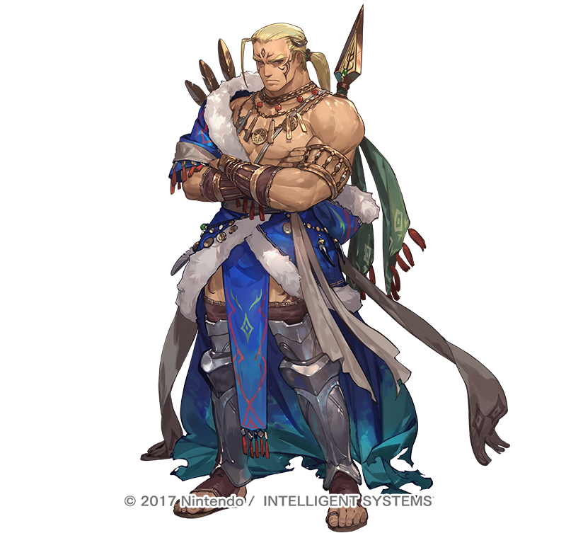 1boy armlet bare_pectorals blonde_hair covered_erect_nipples crossed_arms dark-skinned_male dark_skin facial_tattoo fire_emblem fire_emblem:_the_binding_blade fire_emblem_heroes full_body fur_trim gold_necklace hawkeye_(fire_emblem) jewelry lance large_pectorals leg_armor long_hair male_focus muscular muscular_male necklace nintendo official_art pectorals polearm ponytail sandals so-taro solo tattoo toes weapon white_background