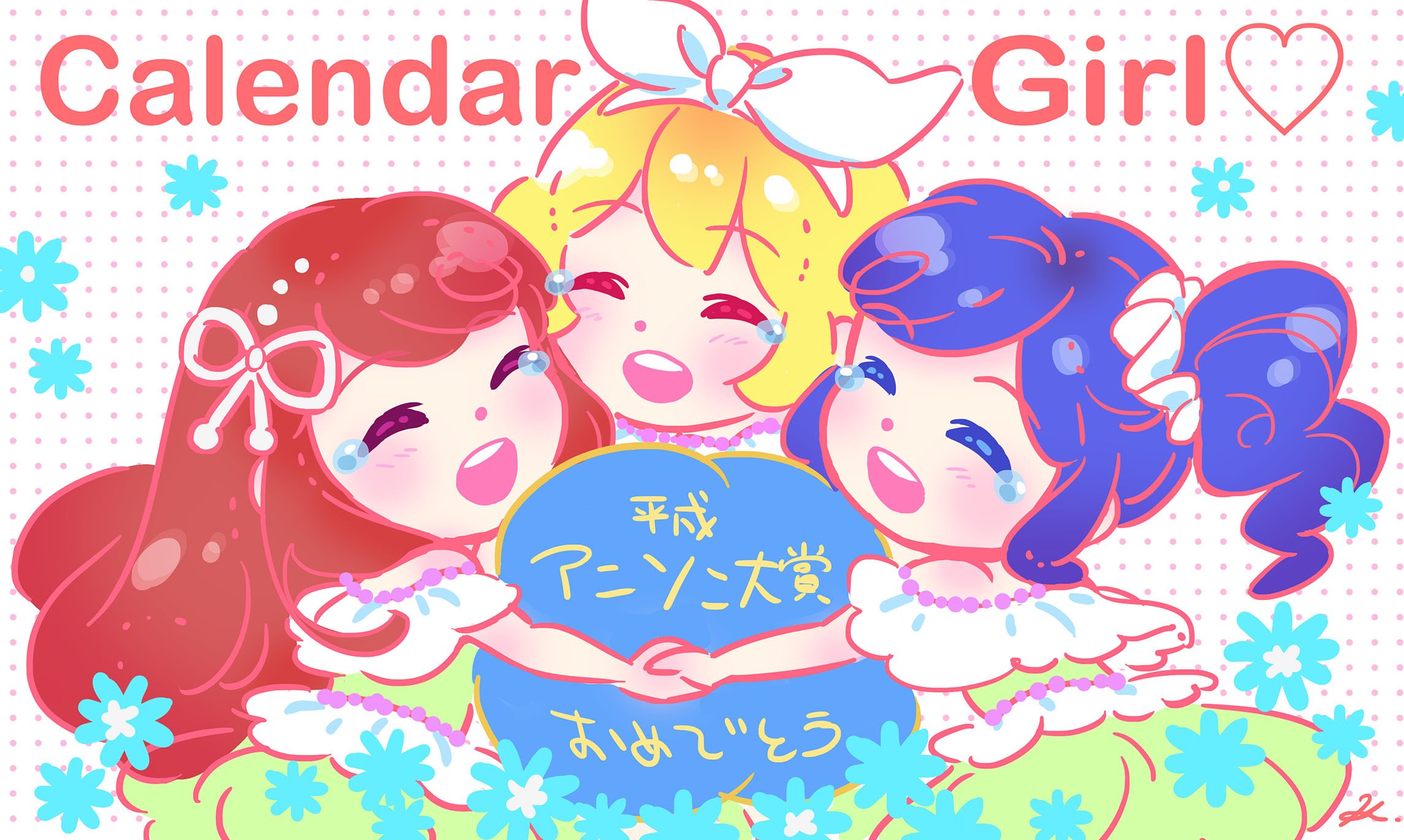3girls :d aikatsu! aikatsu!_(series) bare_shoulders blonde_hair blue_hair bow bow_hairband chibi closed_eyes colored_lineart dress english_text green_dress hair_bow hair_ornament hair_scrunchie hairband happy happy_tears highres holding_hands hoshimiya_ichigo kayo kiriya_aoi long_hair multiple_girls open_mouth polka_dot polka_dot_background red_hair scrunchie shibuki_ran side_ponytail sidelocks signature smile tears teeth translation_request upper_teeth_only white_background white_bow white_hairband white_scrunchie