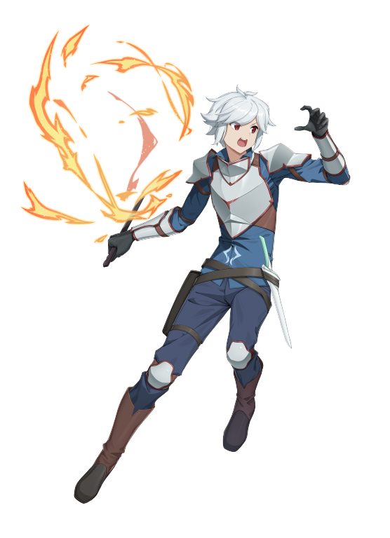 1boy alpha_transparency armor bell_cranel blue_pants blue_shirt boots breastplate brown_boots commentary counter:side dungeon_ni_deai_wo_motomeru_no_wa_machigatteiru_darou_ka english_commentary full_body holding knee_boots knee_pads leg_up looking_to_the_side male_focus official_art open_mouth pants pauldrons red_eyes reverse_grip sheath shirt short_hair short_sword shoulder_armor simple_background sword tachi-e teeth thigh_strap transparent_background unsheathed upper_teeth_only vambraces weapon white_hair
