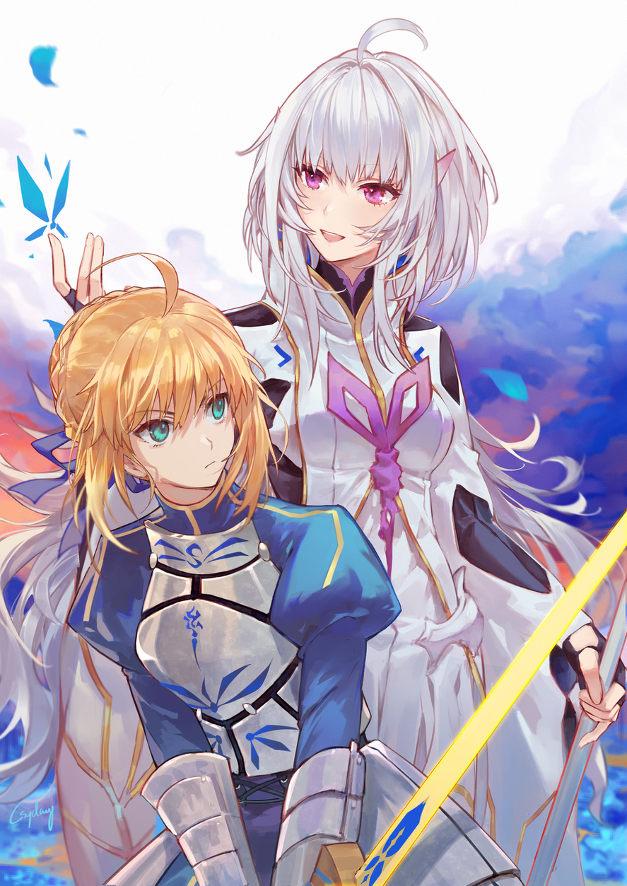 2girls ahoge armor armored_dress artoria_pendragon_(fate) black_gloves blonde_hair blue_dress breastplate closed_mouth commentary csyday dress excalibur_(fate/stay_night) fate/grand_order fate/grand_order_arcade fate/prototype fate/stay_night fate_(series) faulds fingerless_gloves gauntlets gloves green_eyes hand_up highres holding holding_staff holding_sword holding_weapon kawasumi_ayako long_hair long_sleeves looking_away merlin_(fate/prototype) merlin_(fate/prototype)_(second_ascension) multiple_girls open_mouth purple_eyes robe saber_(fate) short_hair smile staff sword upper_body voice_actor_connection weapon white_hair white_robe