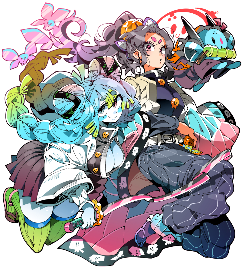 2girls bell blue_hair blush braid braided_twintails breasts cleavage closed_mouth colored_skin cosplay gradient_hair green_hair green_thighhighs grey_eyes grey_hair hair_bell hair_ornament holding holding_sword holding_weapon japanese_clothes jingle_bell kafun kamado_nezuko kamado_nezuko_(cosplay) kamado_tanjirou kamado_tanjirou_(cosplay) kanroji_mitsuri kanroji_mitsuri_(cosplay) kimetsu_no_yaiba long_hair long_sleeves looking_at_viewer multicolored_hair multiple_girls original pink_eyes ponytail ribbed_thighhighs sandals short_eyebrows simple_background skindentation skirt smile sword thick_eyebrows thighhighs twintails weapon white_background white_skin