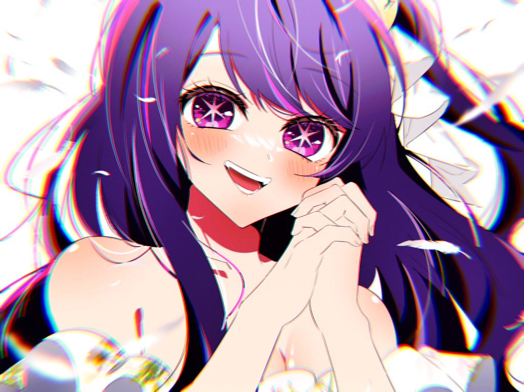 1girl bare_shoulders blush breasts cleavage close-up hoshino_ai looking_at_viewer oshi_no_ko ponkotsu_(6zwhb) portrait purple_eyes purple_hair smile solo star-shaped_pupils star_(symbol) symbol-shaped_pupils white_background