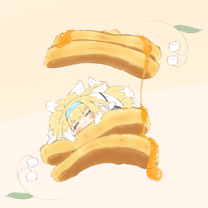 1girl animal_ears arknights blonde_hair blue_hairband blush closed_eyes food fox_ears fox_girl fox_tail hairband hiroyo38110 kitsune kyuubi multiple_tails name_connection object_namesake pancake solo suzuran_(arknights) tail white_hair