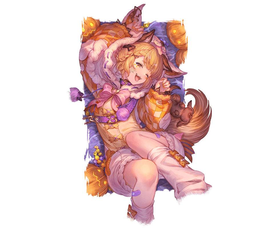 1girl :d animal_ear_fluff animal_ears animal_hood bandaid bandaid_on_leg blonde_hair braid breasts brown_eyes choker crown_braid dog_ears dog_tail erune facepaint fur-trimmed_hood fur_trim granblue_fantasy halloween halloween_costume hood hood_up knees_up leg_warmers looking_at_viewer lying minaba_hideo nail_polish official_alternate_costume official_art on_back one_eye_closed onesie open_mouth orange_nails paw_pose pink_ribbon plaid_clothes plaid_sleeves puffy_shorts puffy_sleeves ribbon short_hair shorts small_breasts smile solo tail third-party_source tongue tongue_out vajra_(granblue_fantasy) white_leg_warmers wide_sleeves